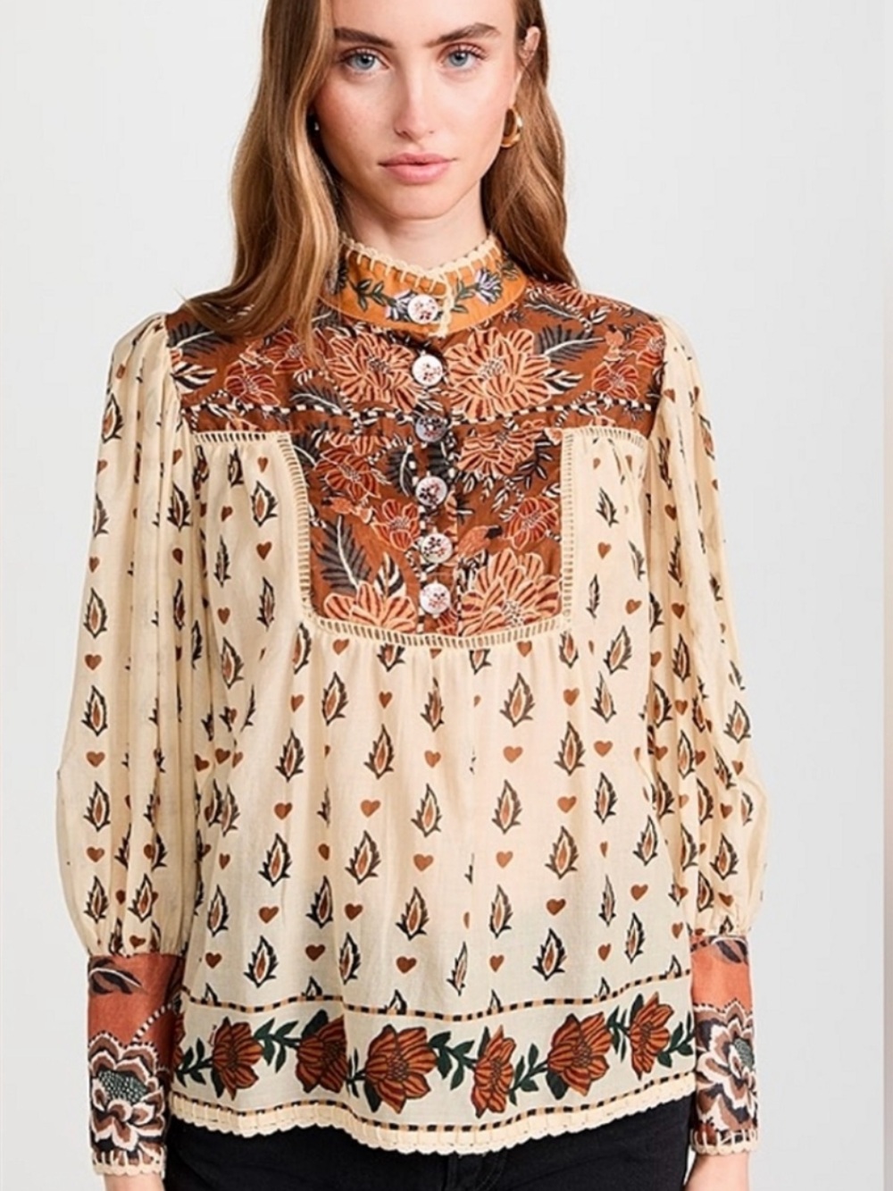 FARM Rio Anika Floral Long Sleeve Blouse Beige